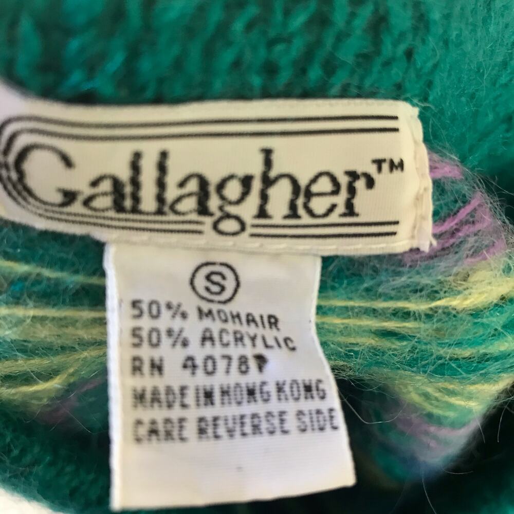 Vintage Gallagher Mohair Geometric Print Snowflake Green Purple Sweater Size S - Picture 7 of 9